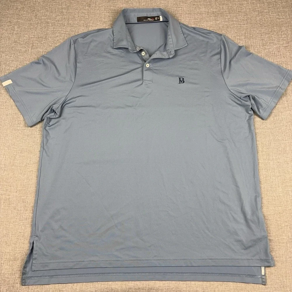 RLX Ralph Lauren Polo Shirt Mens XL Blue Polka Dot Stretch Golf Short Sleeve